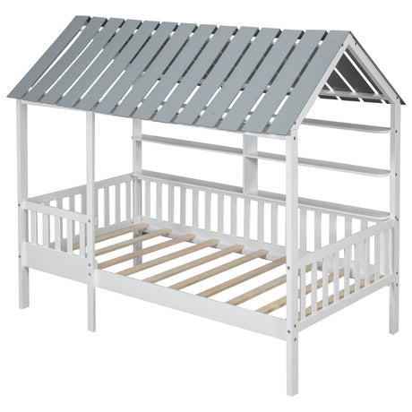 Wood Twin Size House Bed with Roof, Guardrail and Shelves, White - V.I.P Digital Presence