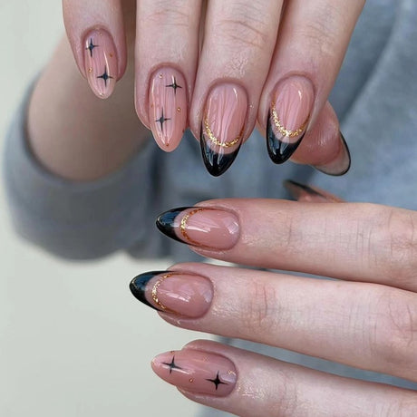 Sweet cool black French flash gold powder almond nails European and American fake nails removable nail pieces - V.I.P Digital Presence