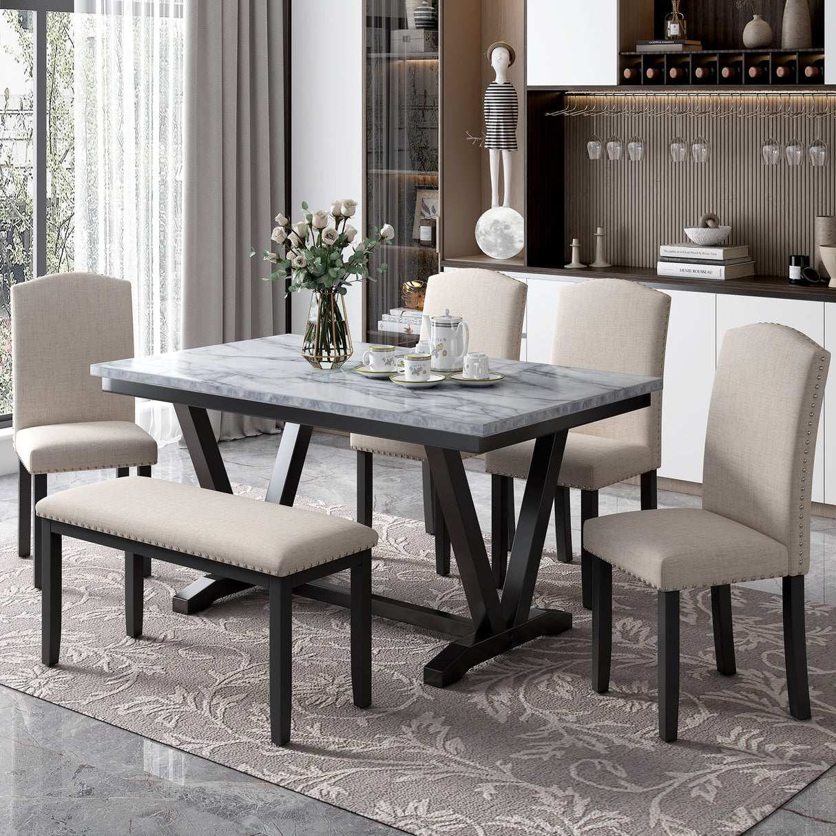 TREXM Modern Style 6-piece Dining Table with 4 Chairs & 1 Bench (White)
