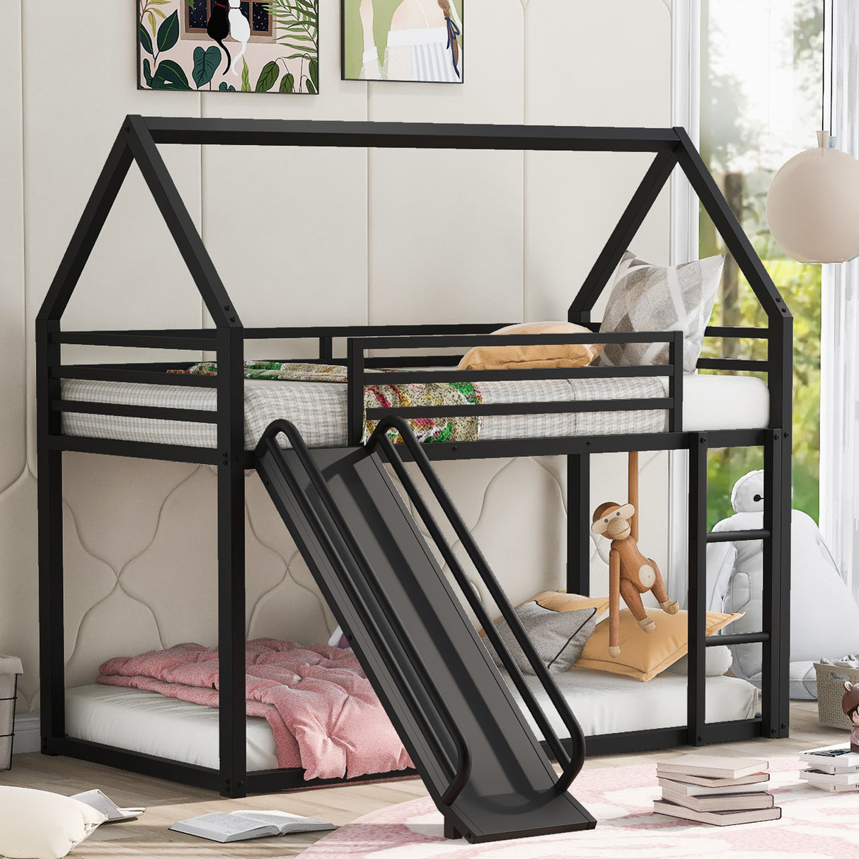 Twin over Twin House Bunk Bed with Ladder and Slide,Black - V.I.P Digital Presence