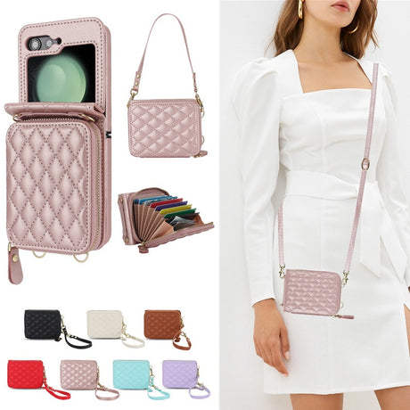 Suitable for Flip5 4 folding phone case fashion card insertion Samsung ZFlip6 crossbody small fragrant style phone leather cover - V.I.P Digital Presence