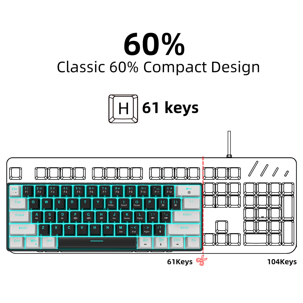 Mechanical keyboard 61 key short style small keyboard for office typing, black and white dual splicing ice blue backlit blue axis gaming keyboard - V.I.P Digital Presence