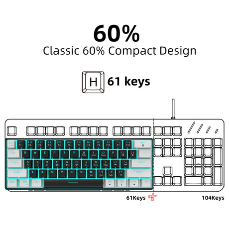 Mechanical keyboard 61 key short style small keyboard for office typing, black and white dual splicing ice blue backlit blue axis gaming keyboard - V.I.P Digital Presence