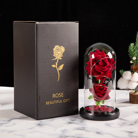 Christmas Valentine's Day Birthday Gift Two Roses Glass Cover Ornament LED Light Simulation Immortal Flower - V.I.P Digital Presence