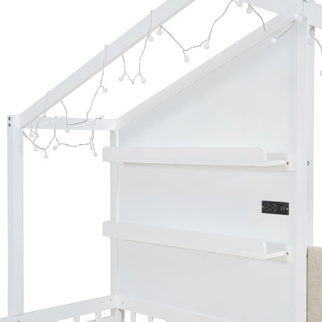 Twin Size House Bed with Upholstered Sofa, House Bed with Charging Station, Wireless Charging, Shelves and Two Drawers, White - V.I.P Digital Presence