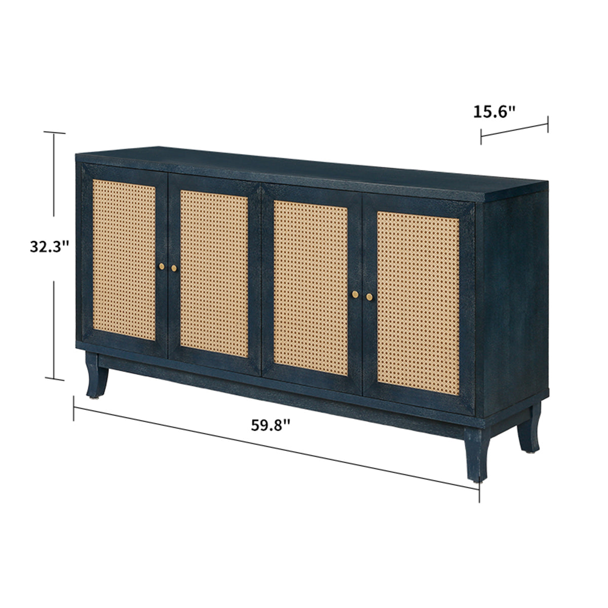Handcrafted Premium Grain Panels Rattan Sideboard Buffer Cabinet Accent Storage Cabinet With 4 Rattan Doors BLUE - V.I.P Digital Presence