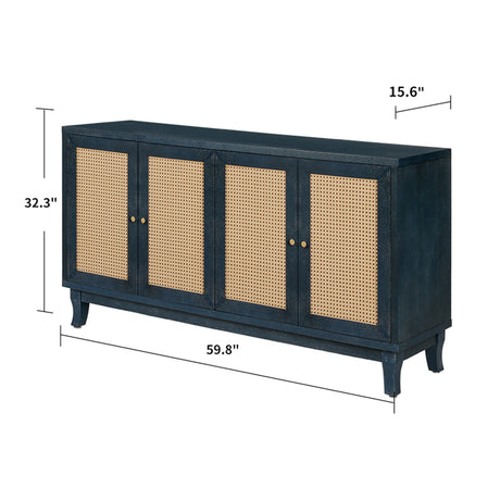Handcrafted Premium Grain Panels Rattan Sideboard Buffer Cabinet Accent Storage Cabinet With 4 Rattan Doors BLUE - V.I.P Digital Presence