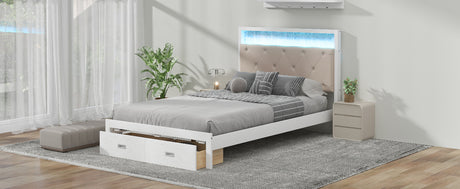 Wood Full Size Platform Bed with Upholstered Headboard and LED and 2 Drawers, Antique White - V.I.P Digital Presence
