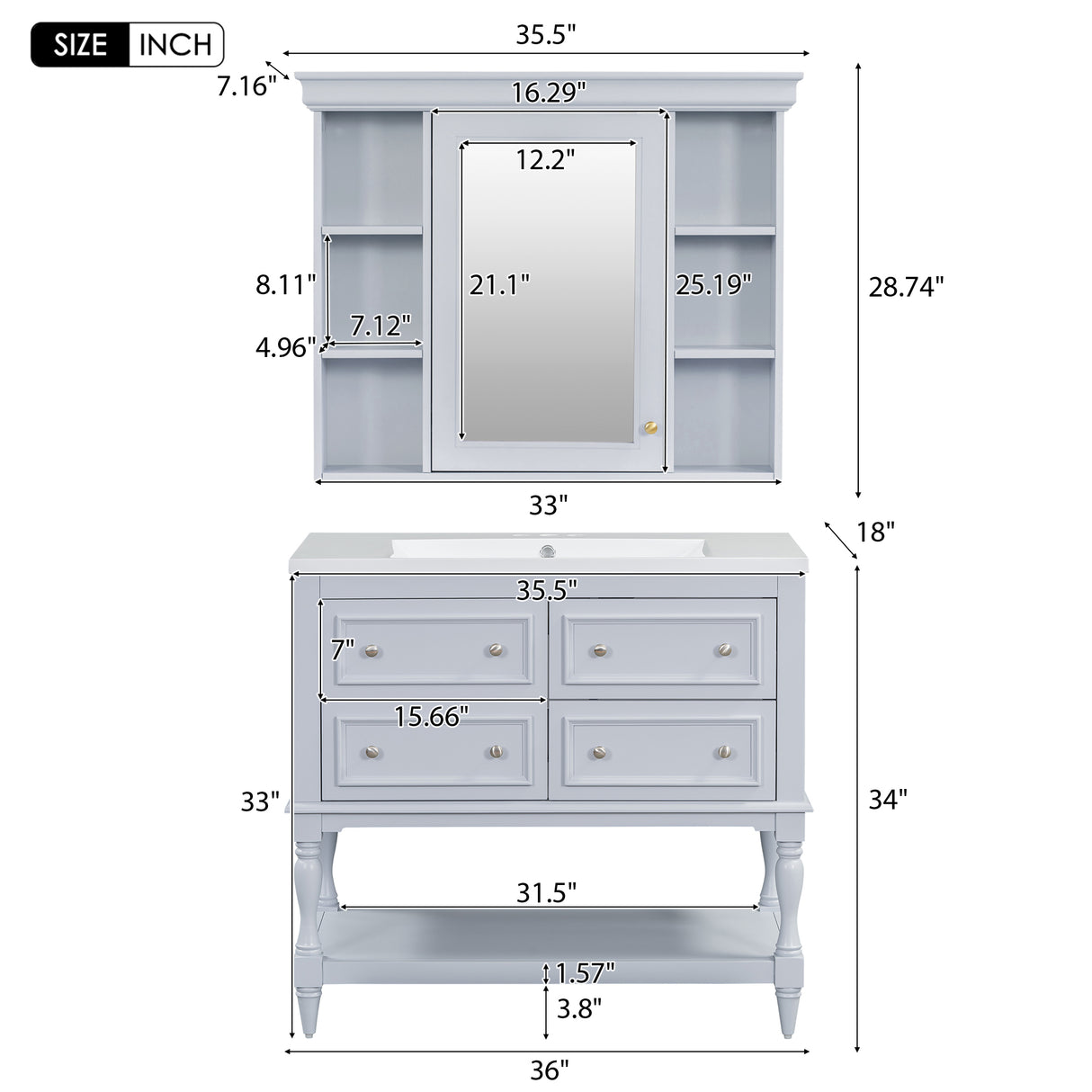 36'' Bathroom Vanity with Medicine Cabinet, Modern Mirror Cabinet with Adjustable Shelf, Bathroom Storage Cabinet with 4 Drawers - V.I.P Digital Presence
