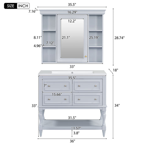 36'' Bathroom Vanity with Medicine Cabinet, Modern Mirror Cabinet with Adjustable Shelf, Bathroom Storage Cabinet with 4 Drawers - V.I.P Digital Presence