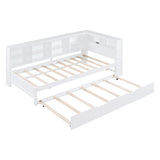 Wooden Twin Size DayBed with Twin Trundle, DayBed with Storage Shelf and USB Charging Ports,White