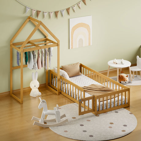 Wooden Twin Size Children's Bed with Detachable Headboard and Integrated Clothes Drying Rack, Natural - V.I.P Digital Presence