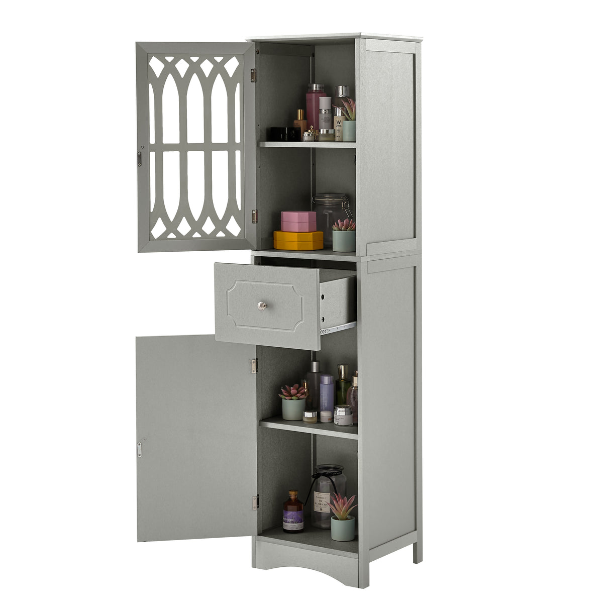 Tall Bathroom Cabinet, Freestanding Storage Cabinet with Drawer and Doors, MDF Board, Acrylic Door, Adjustable Shelf, Grey - V.I.P Digital Presence