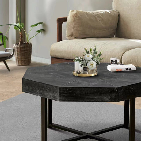 Wooden octagonal retro patchwork craft 30 inch wooden tabletop cross metal leg coffee table (Antique Black) - V.I.P Digital Presence