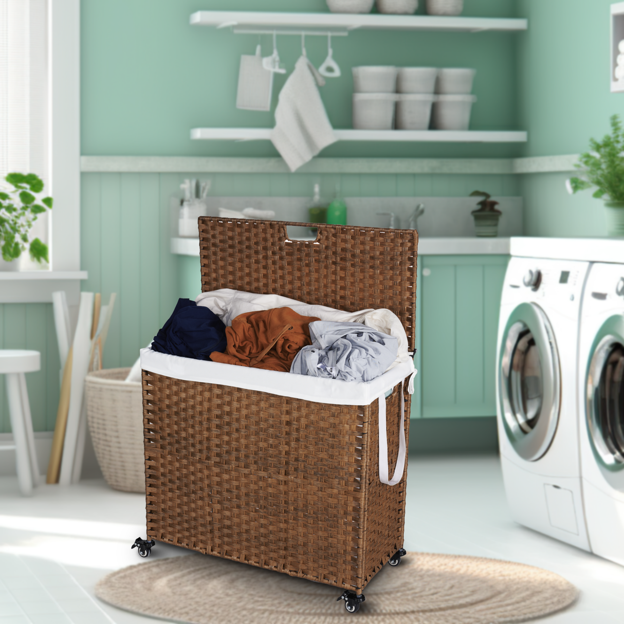 Laundry Hamper With Lid PE Rattan Powder Coating Frame Clothes Hampers with 02 Removable Bags, Wheels, 160L, Brown Color - V.I.P Digital Presence