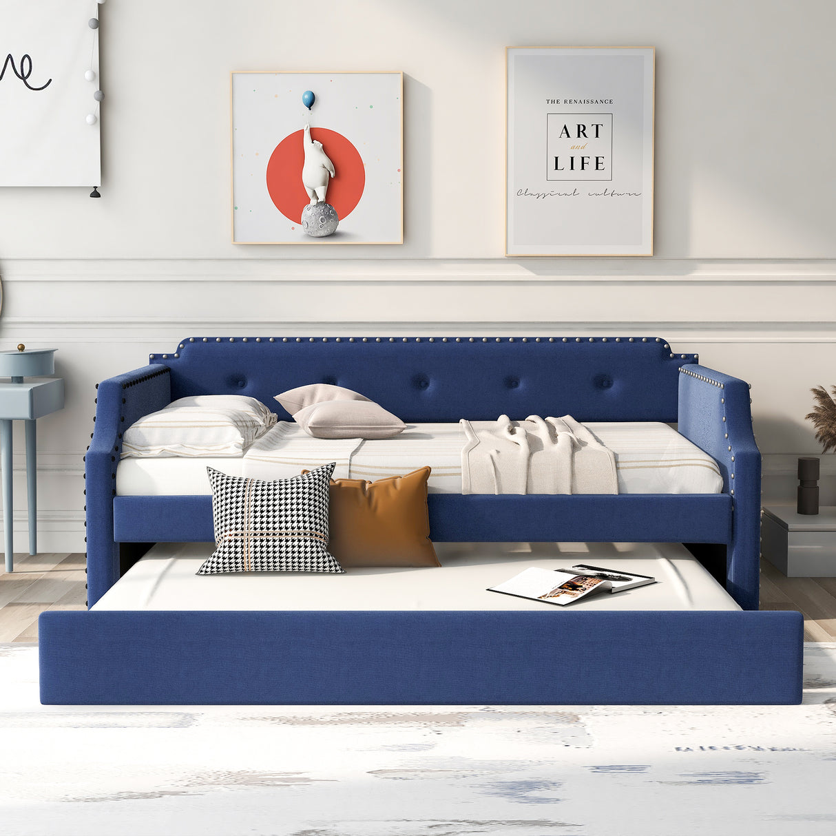 Upholstered Daybed with Trundle, Wood Slat Support,Upholstered Frame Sofa Bed Twin Blue - V.I.P Digital Presence
