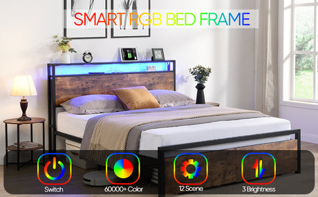 Full size bedstead with storage headboard and 2 drawers, LED light bed with charging station, metal Flat noodles support - V.I.P Digital Presence