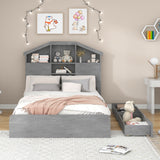 Full Size Wood Platform Bed with House-shaped Storage Headboard and 2 Drawers Gray
