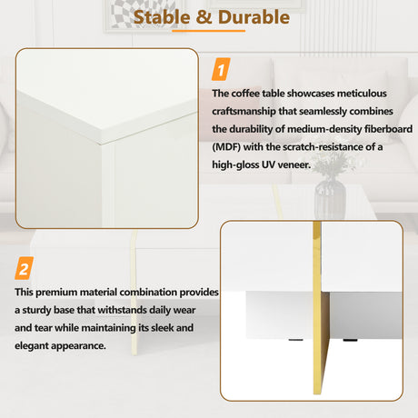 ON-TRANS 47.2 inch x 31.4 inch multifunctional rectangular sofa table with 2 drawers and gold wood grain leg center table, white - V.I.P Digital Presence