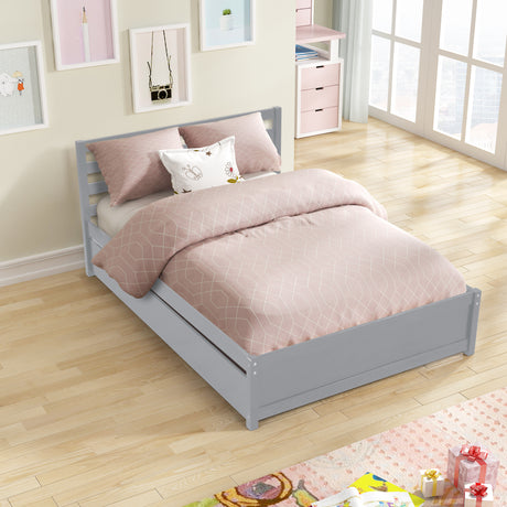 Full Size Wood Platform Bed Frame with Headboard and Twin Trundle For Grey Color - V.I.P Digital Presence