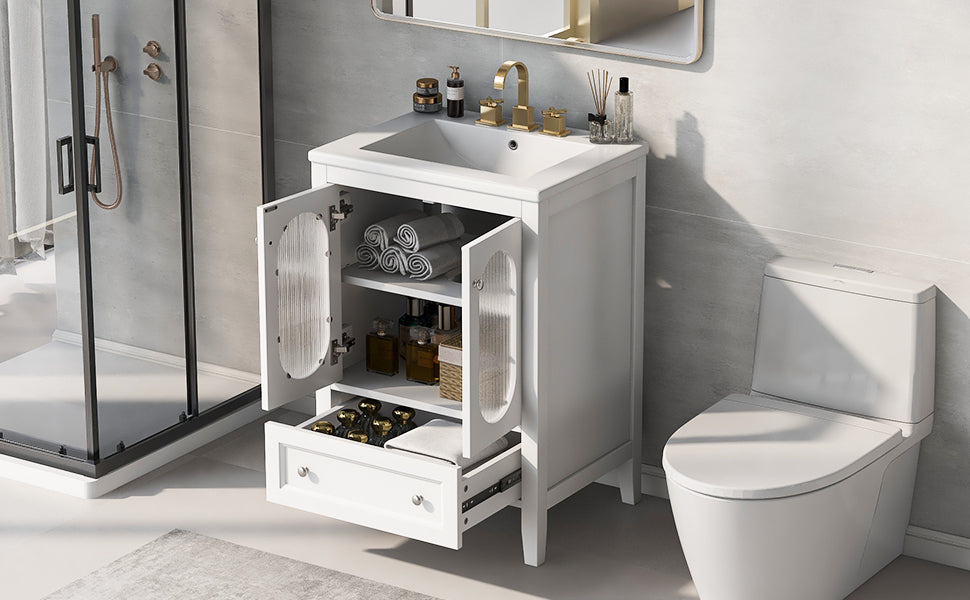 24" Bathroom Vanity with Sink, Bathroom Vanity Cabinet with One Drawer and Doors, Adjustable Shelf, Solid Wood and MDF, White - V.I.P Digital Presence