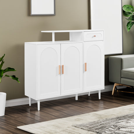 ON-TRANS Elegant Shoe Cabinet with Arched Doors and Drawers, Storage Side Panels, Adjustable Shelves and Solid Wood Legs, White - V.I.P Digital Presence
