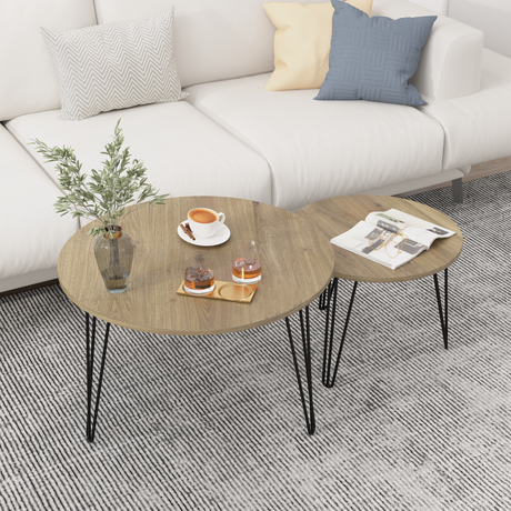 27.56'' Round Nesting Coffee Table Set of 2, Circular Nesting End Table Set  Sturdy Metal Base for Living Room, bedroom, Brown - V.I.P Digital Presence