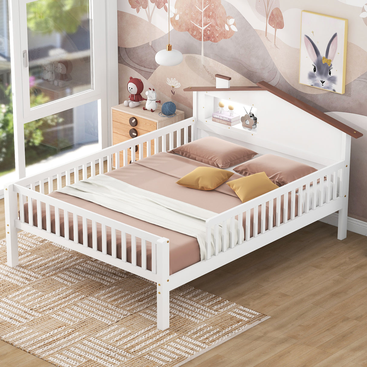 Full Size Wood Platform Bed with House-shaped Headboard, LED and Built-in Storage, White - V.I.P Digital Presence