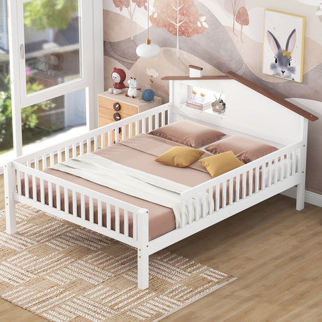 Full Size Wood Platform Bed with House-shaped Headboard, LED and Built-in Storage, White - V.I.P Digital Presence