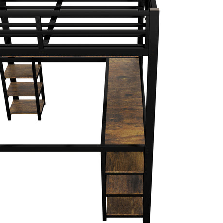 Full metal loft bed with desk and shelf, loft bed with ladder and guardrail, black with retro wood desk - V.I.P Digital Presence