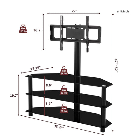 35.4 inch Black Multi-function TV Stand Height Adjustable Bracket Swivel 3-Tier - V.I.P Digital Presence