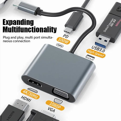 USB C Hub 4 in 1 Type C 3.0 Adapter to 4K HDMI VGA PD Fast Charge Splitter Docking Station Hub for Phone MacBook Laptop Computer - V.I.P Digital Presence