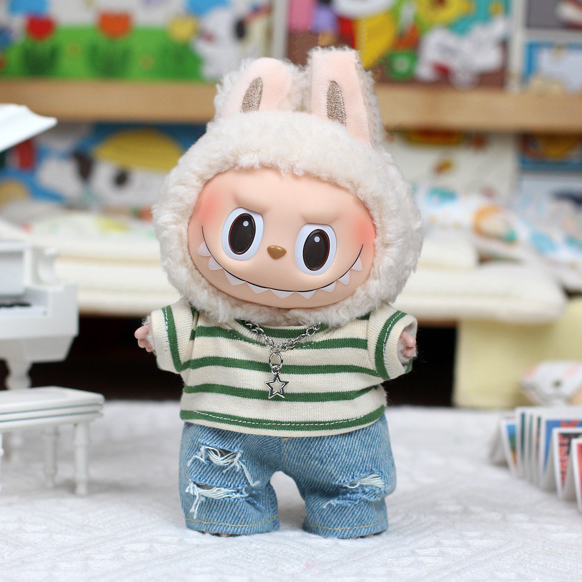 Solo ropa Ropa para muñecas Labubu Camiseta con jeans rotos Macaron con corazón