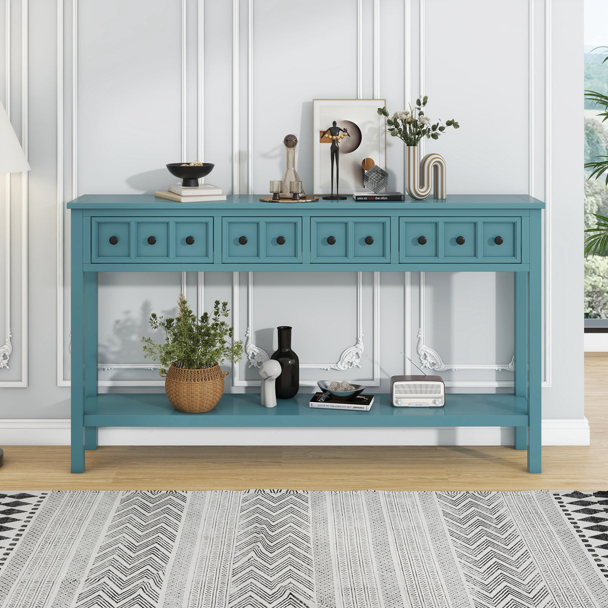 TREXM Rural Entrance Console Table 60 "Long Sofa Table with Two Different Size Drawers and Bottom Shelves for Storage (Turquoise
