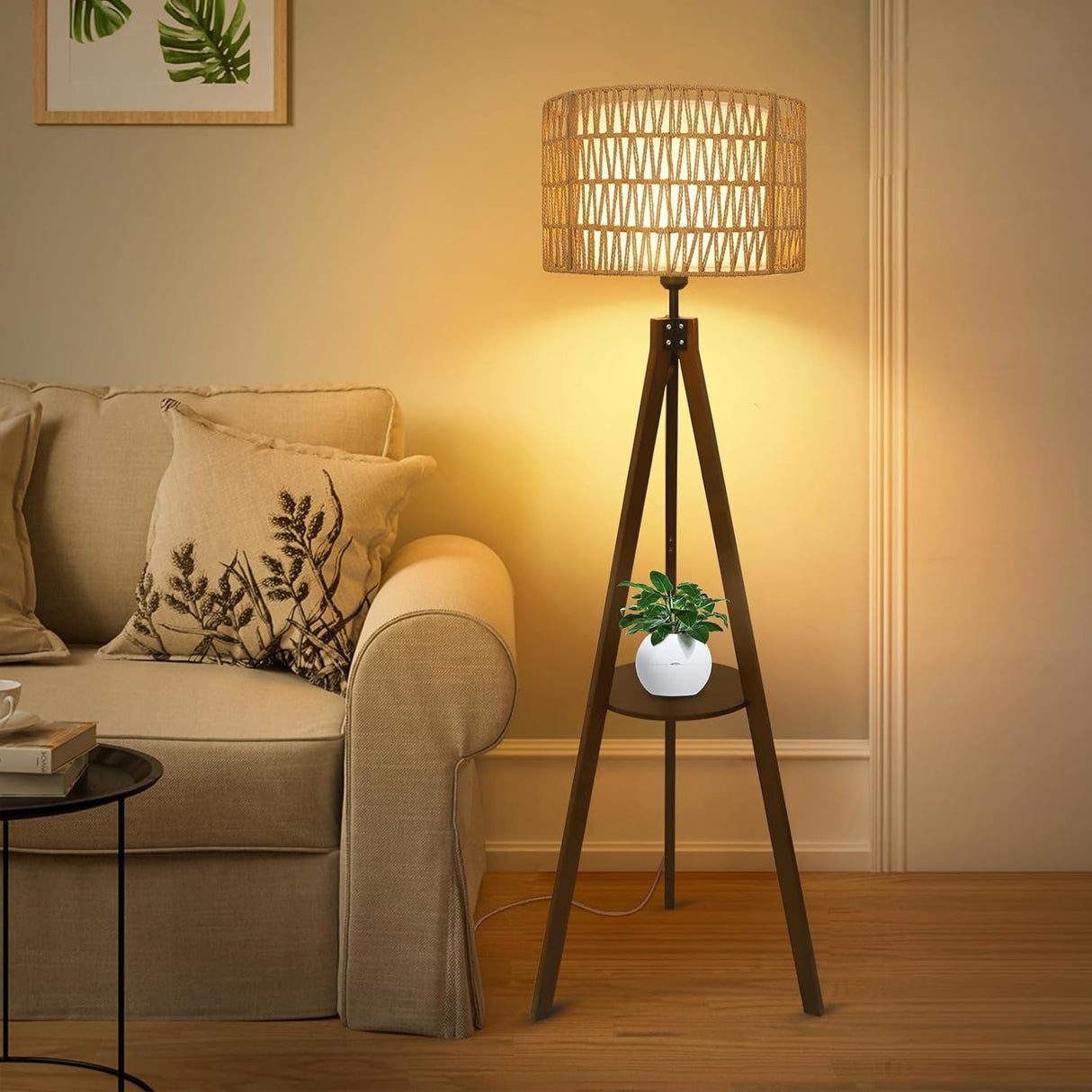 Boho Tripod Floor Lamp with Shelves, Mid Century Wood Standing Lamp with Rattan & Fabric Shades, ON/Off Foot Switch Office - V.I.P Digital Presence
