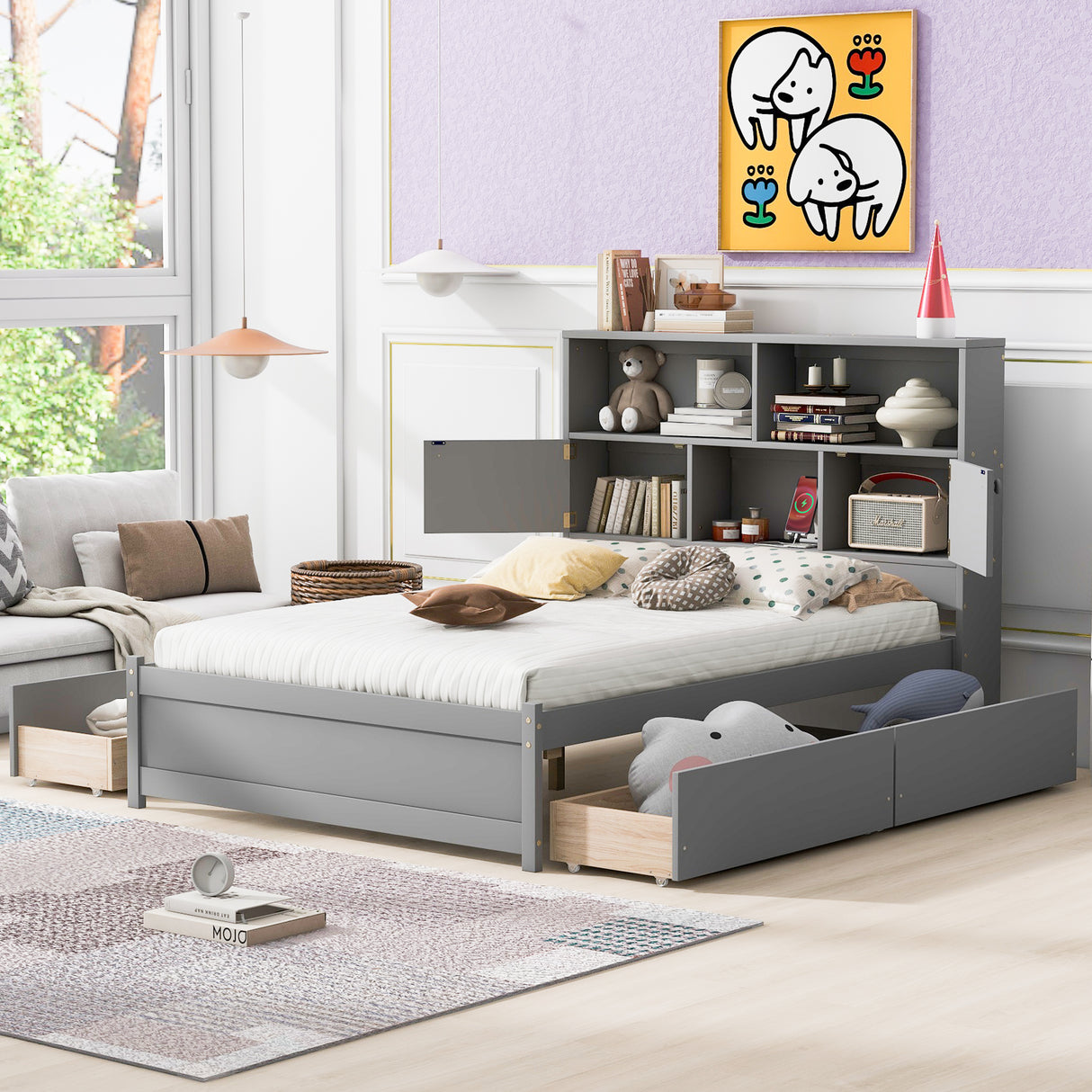 Full Size Platform Bed with Storage Headboard, Charging Station and 4 Drawers, Gray - V.I.P Digital Presence