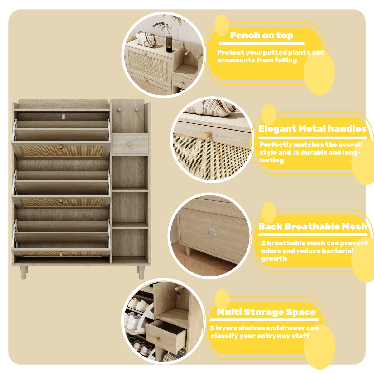 Natural Bohemian style shoe cabinet with 3 rattan flip drawers, 3 square shelves, and 1 storage drawer,  Natural - V.I.P Digital Presence