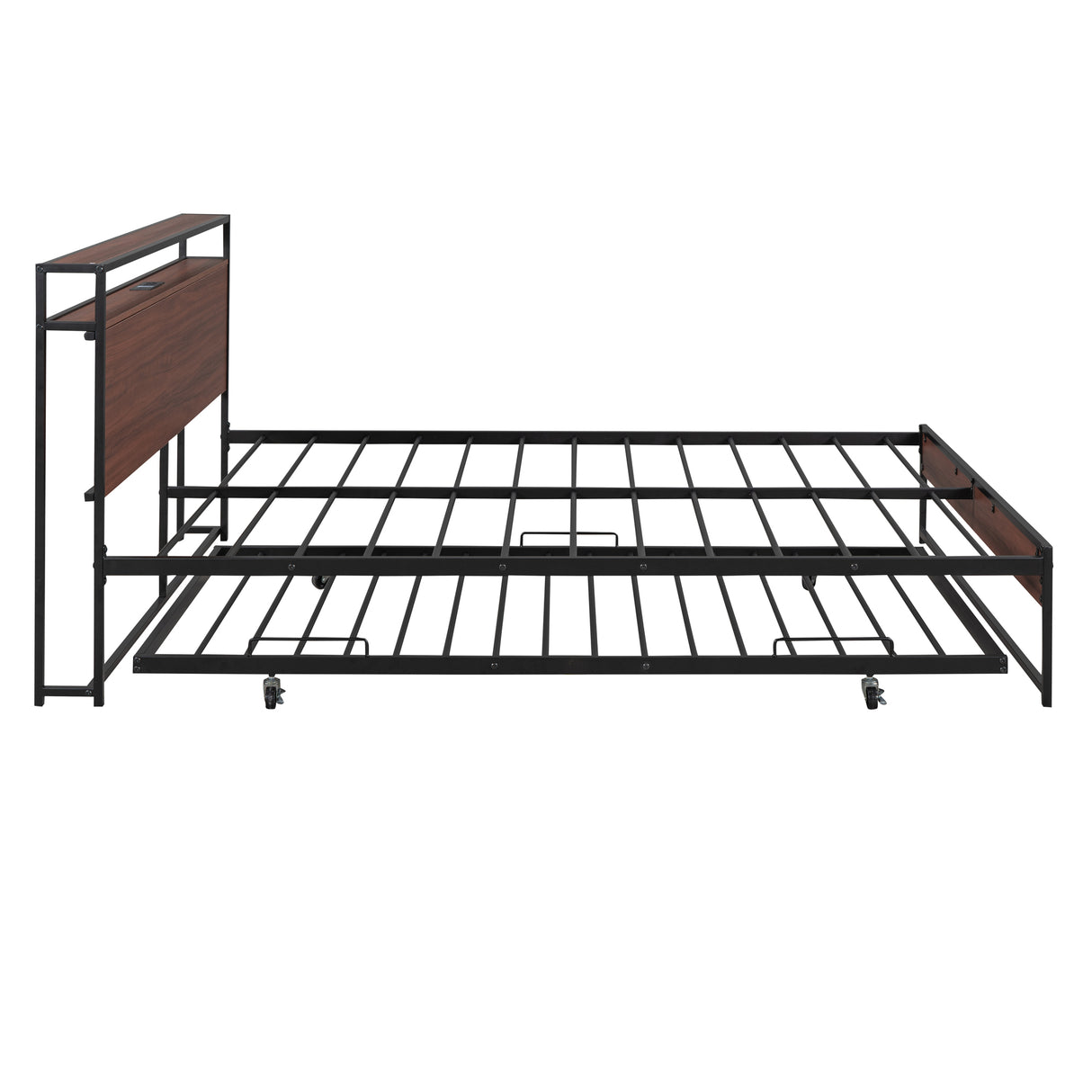 Queen Size Metal Platform Bed Frame with Trundle, USB Ports and Slat Support ,No Box Spring Needed Black - V.I.P Digital Presence