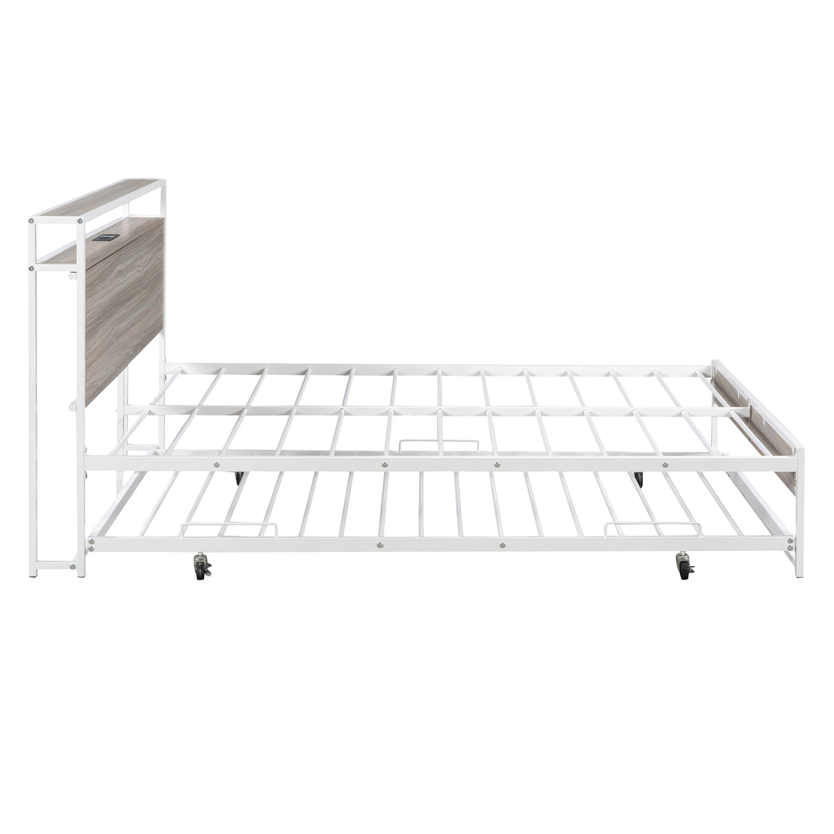 Full Size Metal Platform Bed Frame with Trundle, USB Ports and Slat Support No Box Spring Needed White - V.I.P Digital Presence