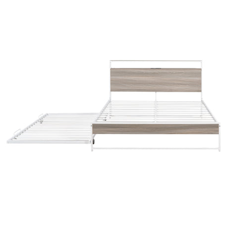 Queen Size Metal Platform Bed Frame with Trundle, USB Ports and Slat Support ,No Box Spring Needed White - V.I.P Digital Presence