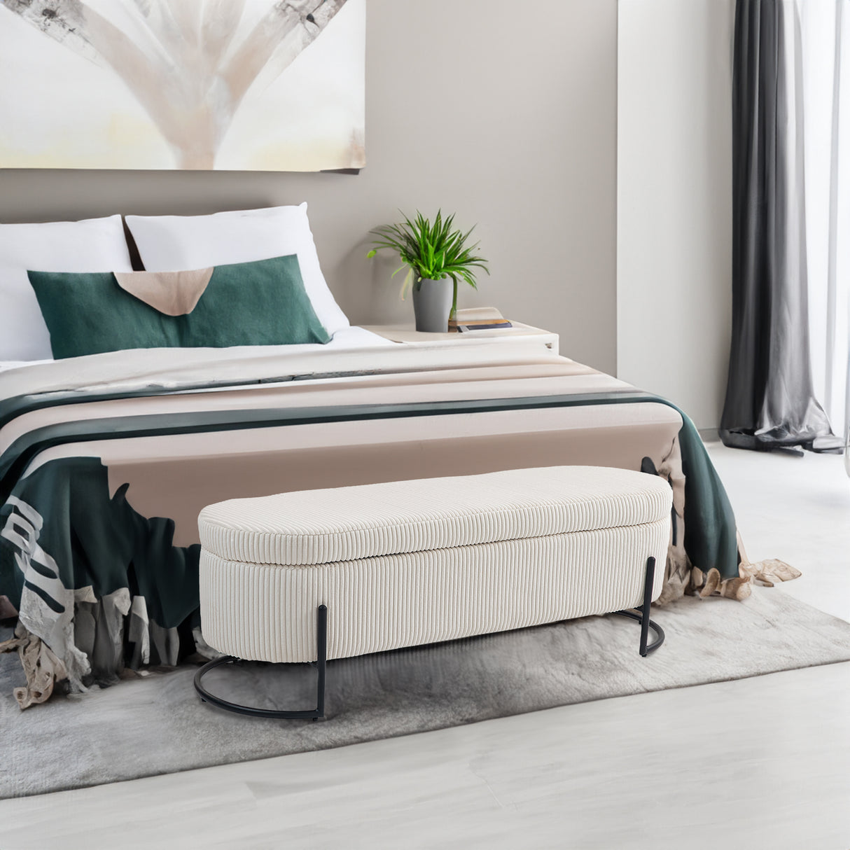 COOLMOR storage Ottoman chair with safety hinge and soft cushion fabric storage Ottoman stool (beige) - V.I.P Digital Presence