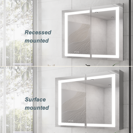 36 x 30 inch Medicine Cabinet with LED Vanity Mirror Anti-Fog  Recessed or Surface Mount Waterproof DimmableAluminum 3000K~6000K Lighted Double Door Bathroom Cabinet with Touch Switch - V.I.P Digital Presence
