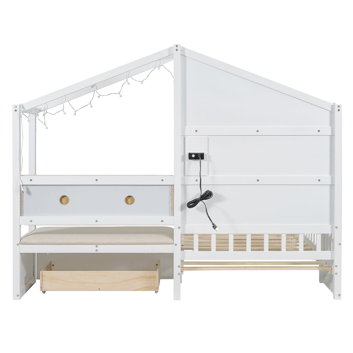 Twin Size House Bed with Upholstered Sofa, House Bed with Charging Station, Wireless Charging, Shelves and Two Drawers, White - V.I.P Digital Presence