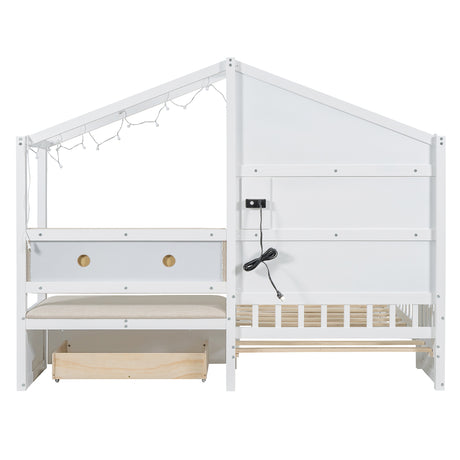 Twin Size House Bed with Upholstered Sofa, House Bed with Charging Station, Wireless Charging, Shelves and Two Drawers, White - V.I.P Digital Presence