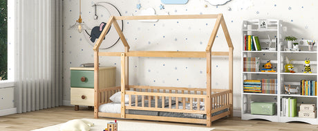 Twin Size Floor Wooden Bed with House Roof Frame, Fence Guardrails - V.I.P Digital Presence