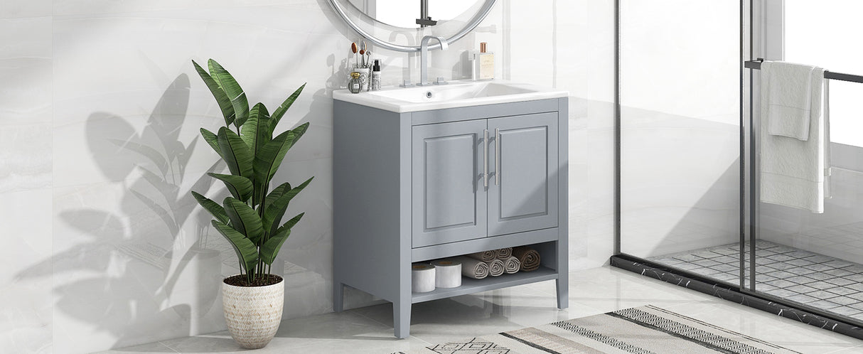 30" Bathroom Vanity with Sink, Multi-functional Bathroom Cabinet with Doors and Drawers, Solid Frame and MDF Board, Grey - V.I.P Digital Presence