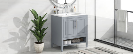 30" Bathroom Vanity with Sink, Multi-functional Bathroom Cabinet with Doors and Drawers, Solid Frame and MDF Board, Grey - V.I.P Digital Presence