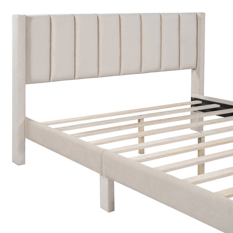 Queen Size Storage Bed Velvet Upholstered Platform Bed with a Big Drawer - Beige - V.I.P Digital Presence