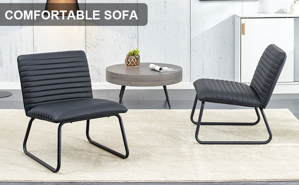 Black minimalist armless sofa chair with PU backrest paired with black metal legs