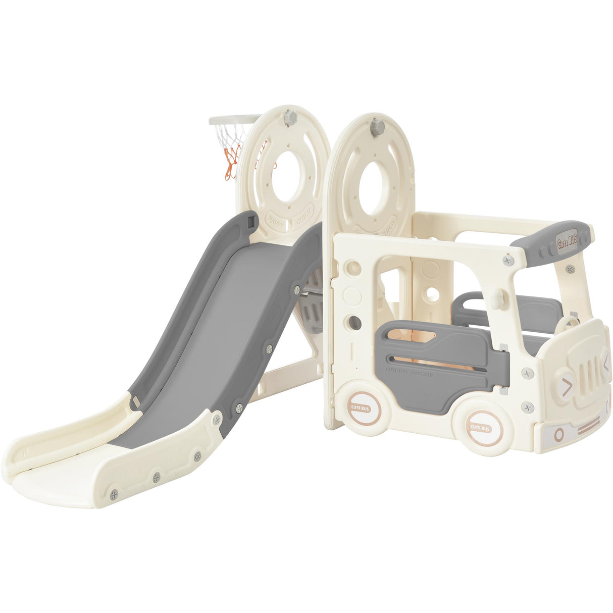 Kids Slide with Bus Play Structure Freestanding Bus Toy with Slide for Toddlers Bus Slide Set with Basketball Hoop